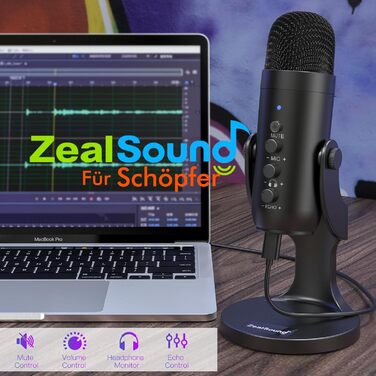 Zealsound USB конденсаторний мікрофон для ПК, смартфонів, PS4/PS5, подкастів, стрімінгу, запису, ASMR, з функціями Mute, Gain, Echo, адаптером для телефону, сумісний з Mac і Windows