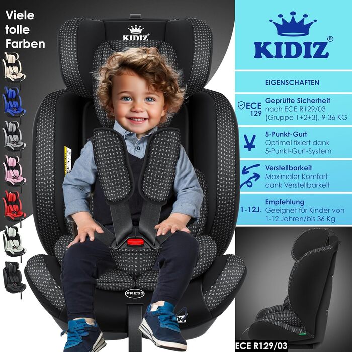 Дитяче автокрісло KIDIZ® Triangle Premium - 9-36 кг, 1-12 років, Група 1/2/3, чорний | Автокрісло, автокрісло-крісло