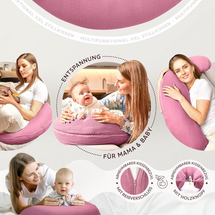 Подушка для годування та вагітних Sei Design XXL 190x30 см | Еко-Текс | Ергономічна, тиха, з бавовняним чохлом рожевого кольору