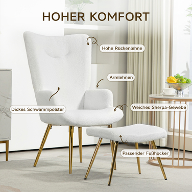 Крісло HOMCOM Wing з табуретом, Крісло з чохлом Sherpa, Висока спинка, Крісло для відпочинку з підлокітником, Сталеві ніжки для вітальні, Спальні, Білий