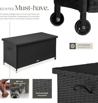 Ящик для зберігання вуличний Tectake Poly Rattan 270л, чорний - водонепроникний, з замком, колісний, для саду, тераси, меблів