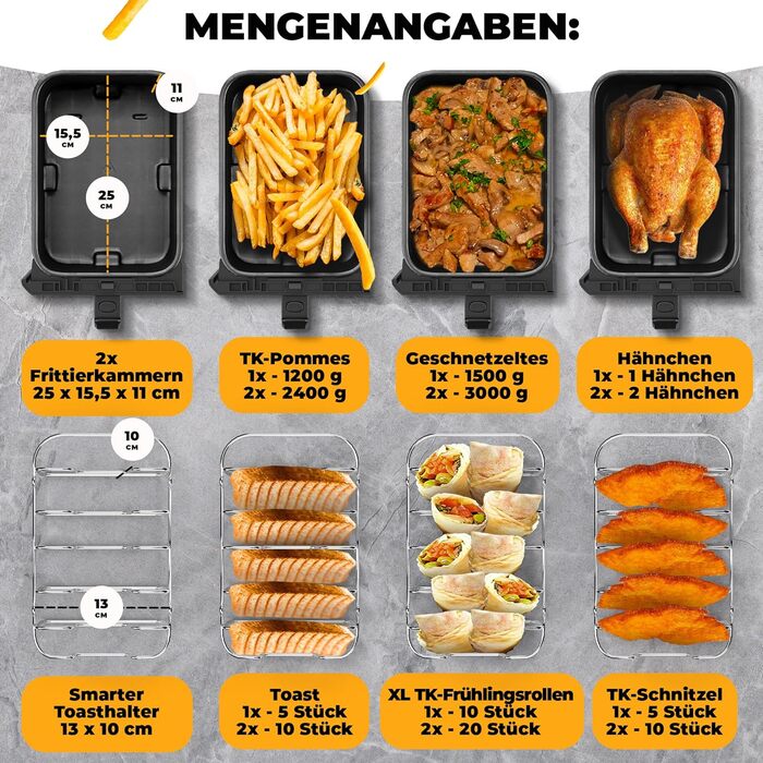 Подвійна аерофритюрниця Stillstern 8 л, 2400 Вт, 8 програм, Shake-функція, 80-200°C, для 1-8 осіб, дегідрація, розморожування, підтримка тепла, 120 рецептів, чорна
