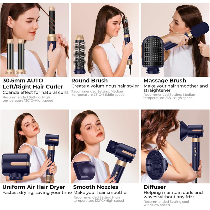 UKLISS Airstyler Pro 7-в-1: Фен-щітка з дифузором, 1400 Вт, 110000 об/хв для сушіння, завивки та випрямлення волосся (фіолетовий)