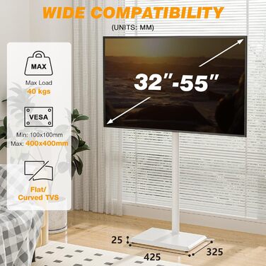 Підлогова стійка для телевізора TVON 32-55" (білий, регульована висота, поворотна, макс. 40 кг, VESA 400x400)