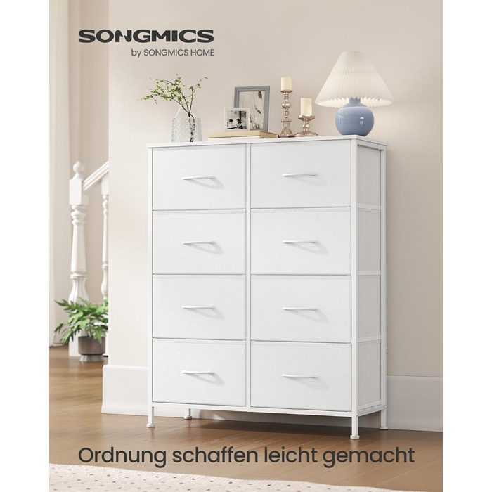 SONGMICS Комод з 8 висувними ящиками, шафа для зберігання, сталь, MDF, фліс, для спальні, прихожей, вітальні, вінтажний коричневий-чорний, LGS124BH04 (8 ящиків, хмарно-білий + сніжно-білий)