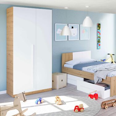 Ліжко дитяче Habitdesign Noa з 2 ящиками, білий та ехо-дуб, 97x77x196 см (без ламелей)