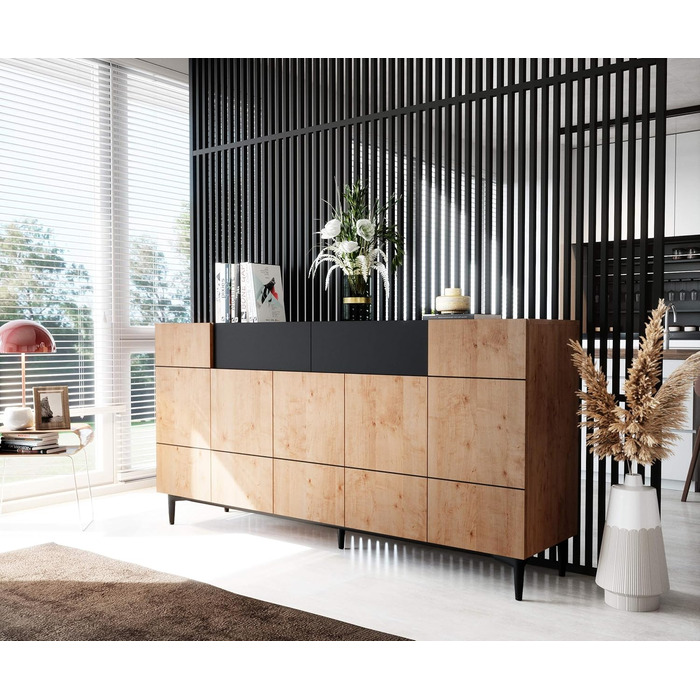 Комод Newfurn чорний дикий дуб, вінтажний індустріальний стиль, 180x90x42 см, для вітальні, спальні, передпокою, їдальні