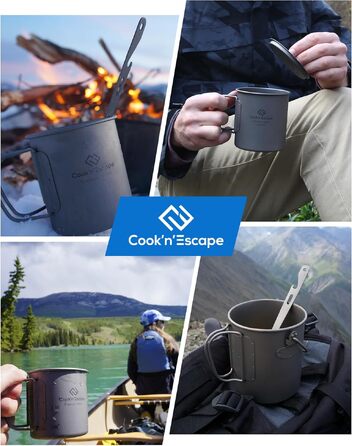 Титанова чашка для кемпінгу COOK'N'ESCAPE Titan Becher 300 мл з кришкою та складною ручкою - легка, міцна, жаростійка для туризму, пікніка