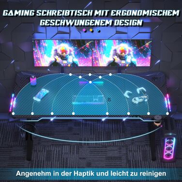 Ігровий стіл JUMMICO з RGB LED-підсвіткою, комп'ютерний стіл для геймерів та Home Office з тримачем для навушників та підстаканником, чорний (160x60 см)