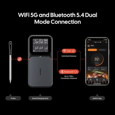 Бездротовий термометр для м'яса Inkbird INT-33-BW з WiFi 5G та Bluetooth 5.4, 3 сенсорні щупи, водонепроникний IP67 для гриля, духовки та BBQ