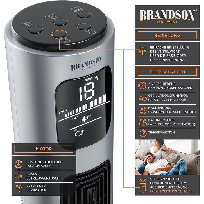Вентилятор підлоговий Brandson Turm 96 см з пультом, 3 швидкості, 3 режими, таймер, сірий (Silverline) - мобільний, тихий, з осциляцією