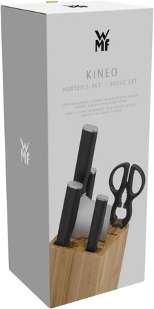 Набір ножів WMF Kineo з підставкою (6 предметів), Made in Germany: 4 ножі, кухоні кусачки, бамбукова підставка, Performance Cut, сталь Messerblock Asia