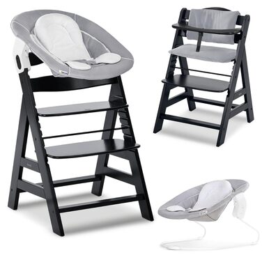 Високий стільчик для годування Hauck Alpha+ Newborn Set - з 2в1 гойдалкою. Дерев'яний стільчик для немовлят від народження, з м'якою подушкою та вкладишем для новонароджених (Classic, Чорний)