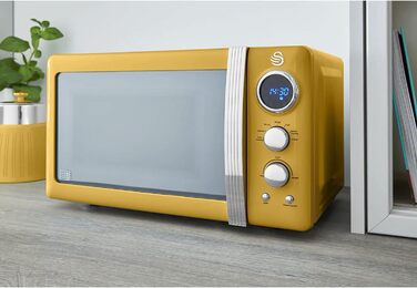 Мікрохвильова піч Swan Retro 20 л, 800 Вт, жовта, цифрова, 5 режимів, розморожування, таймер 60 хв, дзеркальні дверцята, вінтажний дизайн