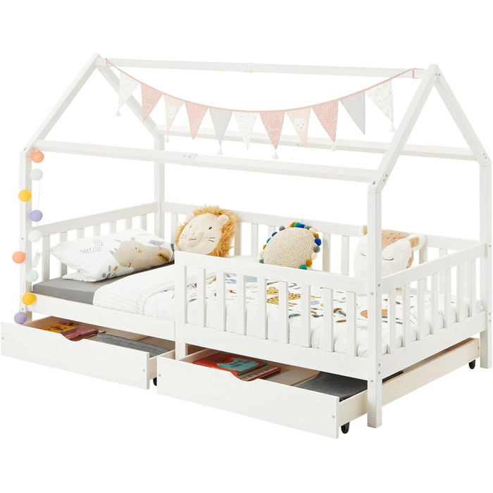 Дитяче ліжко-будиночок IDIMEX NUNA з масиву сосни 90x200 см, Монтеcсорі, з бортиком та ящиками, біле, сучасне ліжко з дахом