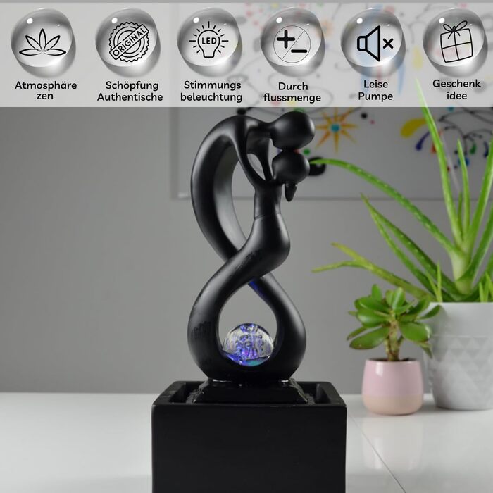 Кімнатний фонтан Zen'Light Amor чорного кольору з LED-підсвічуванням - сучасний декор, знімний елемент, закритий цикл, ротова куля, 31x14x14 см