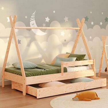 Дерев'яне ліжко-дитяча кімната Smartwood Hausbett Montessori Tipi F з сосни з сертифікатом FSC, захист від падіння, ламелі до 230 кг, для хлопчиків та дівчаток (80x160) з шухлядою