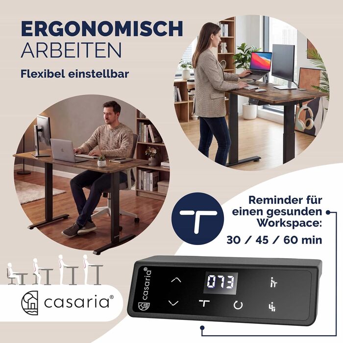 Ергономічний електричний стіл Casaria® з бездротовою зарядкою, USB-C/A, LCD-дисплеєм, пам'яттю, вантажопідйомністю 80 кг (вінтажний коричневий, 140x70 см)