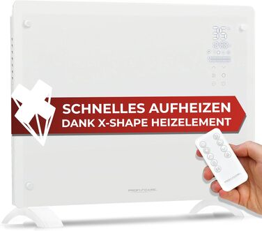 Електричний конвектор ProfiCare PC-GKH 3118 зі скляною панеллю та X-подібним нагрівальним елементом, мобільний обігрівач з можливістю настінного монтажу, 2 режими потужності, безшумний, білий