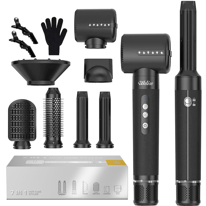 Hairstyler UKLISS Pro 7-в-1 з іонізацією: фен-щітка, кругла щітка, аеробраш для створення локонів (Чорний)