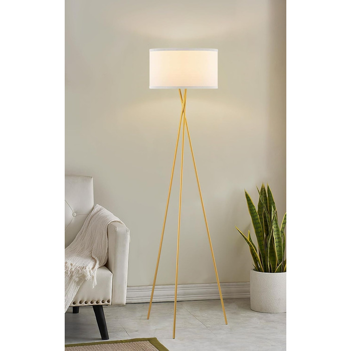 Сучасна торшерна лампа Home Sweet Home, золота, метал, LED E27 9Вт 2700K, тринога, білий абажур, для вітальні та спальні