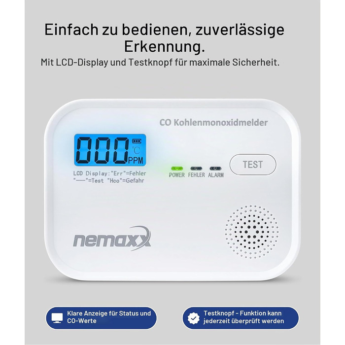 Детектор чадного газу NEMAXX® CM18 з LCD-дисплеєм, електрохімічний сенсор, 85 дБ, стандарт EN 50291-1:2018, термін служби 10 років (набір 2 шт.)