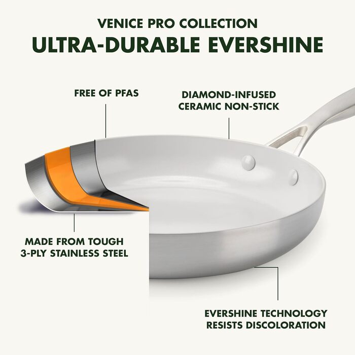 Сковорода GreenPan Venice Pro Tri-Ply 30 см, багатошарова, з нержавіючої сталі, без PFAS, антипригарна, для індукції, посудомийної машини й духовки, срібляста