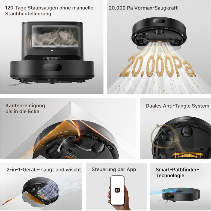 Робот-пилосос з вологим прибиранням Dreame L10s Pro Gen3 (D20 Air Plus), потужність всмоктування 13000 Па, система DuoScrub, підйом мопів 7 мм, акумулятор 5200 мАг, чорний