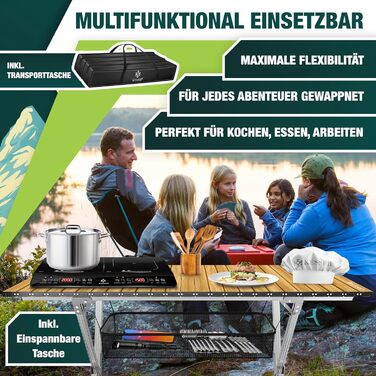 Кемпінговий стіл KESSER® розкладний, з алюмінієвим каркасом, регулювання висоти, 90x53 см, до 100 кг, з сумкою та сітчастою кишенею, (145x70 см, імітація дерева)
