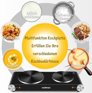 CUSIMAX електрична плита на 2 конфорки з чавунними дисками, подвійне регулювання температури, портативна настільна плита для кемпінгу, захист від перегріву, чорна, нержавіюча сталь, 53×22,8×7,8 см