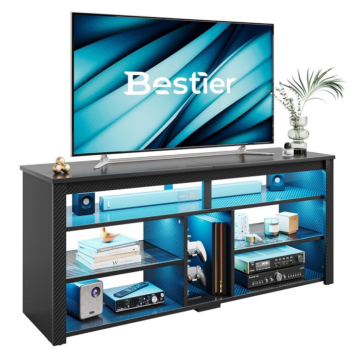 Стійка під телевізор Bestier 70" з підсвіткою LED, тумба для PS5, сучасний ТВ-шаф для вітальні/спальні (140x33.8x61.5 см, чорна карбонова текстура)