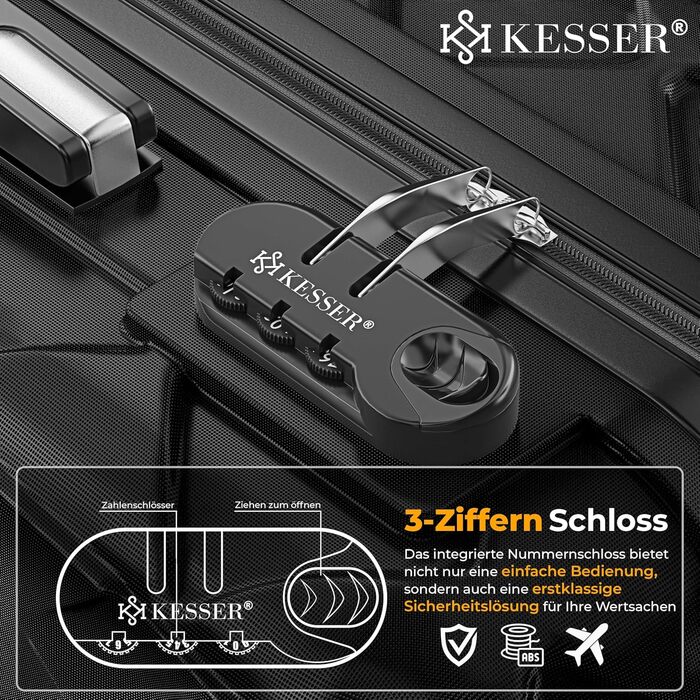 Набір валіз KESSER з 3-х предметів, ABS пластик, жорсткий корпус, з кодовим замком, вагами для багажу та дорожньою сумкою, колеса 360°, чорний