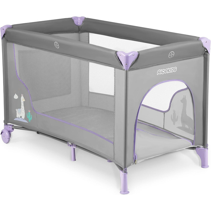 Дитяче ліжечко-манеж Ricokids, складане, 125x65x78 см, 15 кг, з матрацом і колесами, бічний вхід, світло-сірий та лавандовий