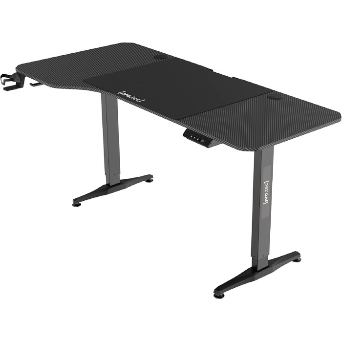 Електричний стіл для роботи pro.tec Oxnard 160x75 см з пам'яттю, регульований, чорний, алюмінієва рама, до 80 кг, тримач для напоїв і гачок для навушників