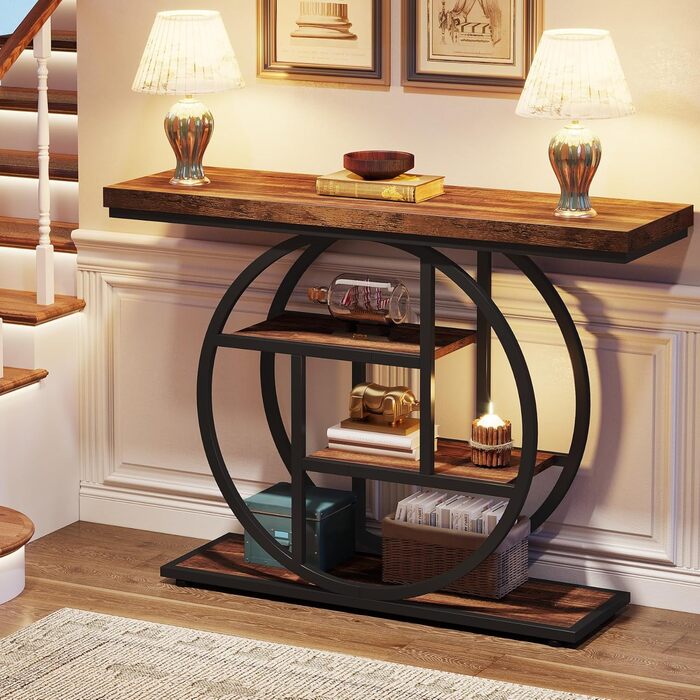 Консольний стіл Tribesigns 105x30 см, 4-рівневий, індустріальний, вузький столик із полицями для вітальні, передпокою, дерев'яний акцент, кругла основа, рустикальний коричневий