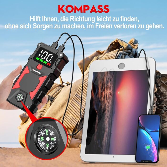 Бустер автозапуску FNNEMGE 9000A 26800mAh: Пусковий пристрій для авто (бензин та дизель до 10.0л), Powerbank з Quick Charge 3.0, LED-ліхтарем та EC-5