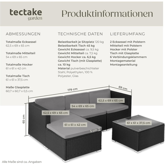 Комплект садових меблів з поліротангу tectake®: диван, крісла, пуф, стіл, модульний, для 3-4 осіб, чорний, для тераси, балкона, саду, стійкий до погодних умов