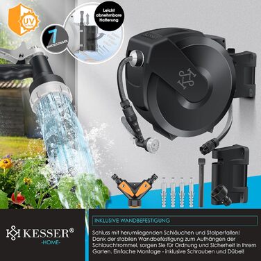 Шланг для саду KESSER® 35м з автоматичним підйомом | Шланг для поливу з тримачем для стіни | Водопровідна коробка для стіни з ручною лійкою 7-функцій | Антрацит/Чорний