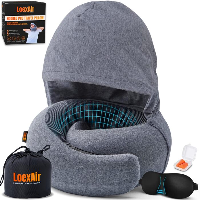 Подорожня подушка для шиї з капюшоном з ефектом пам'яті (Memory Foam) для літака, авто та поїздок, 100% бавовна, світло-сіра (Hooded Pro)