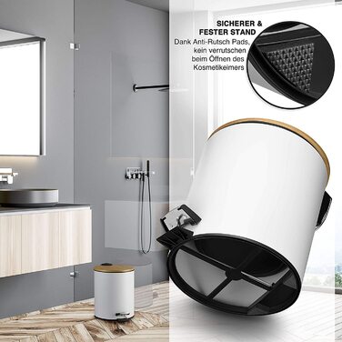 Косметичний відро для сміття VMbathrooms 5 л, білий, з бамбуковою кришкою, педаллю та Soft Close, для ванної кімнати