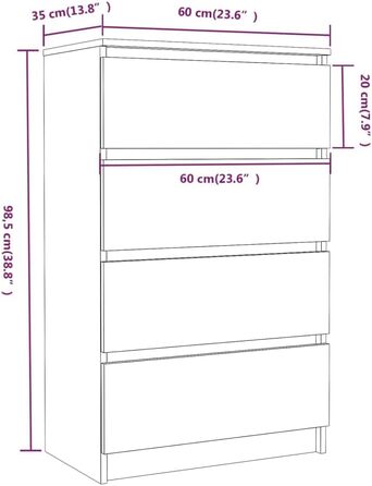 Комод vidaXL з 4 шухлядами, бетонно-сірий, 60x35x98,5 см, сучасний, деревостружкова плита, для вітальні, з великим місцем для зберігання