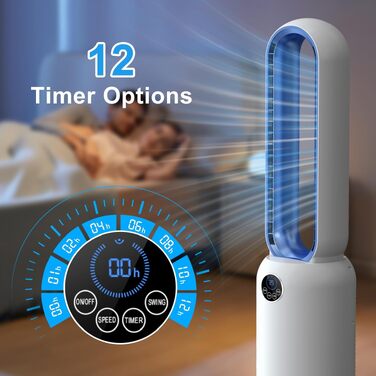 Безлопатевий вентилятор Turmventilator 88 см, з LED-дисплеєм, пультом, таймером 12 год, 90° осциляція для спальні/офісу (синій)