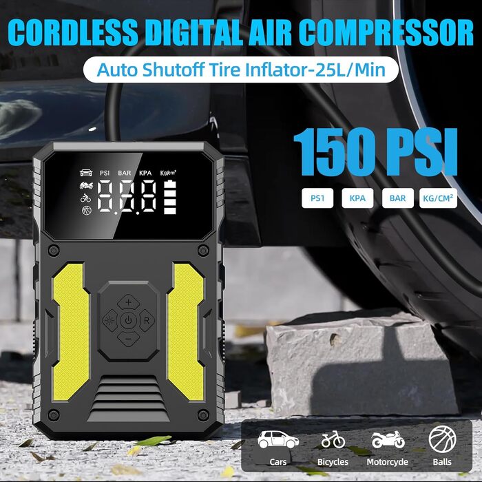Пусковий пристрій для авто (бустер) з компресором 6000A, портативний Jump Starter Powerbank з LED-ліхтарем та дисплеєм, жовто-чорний