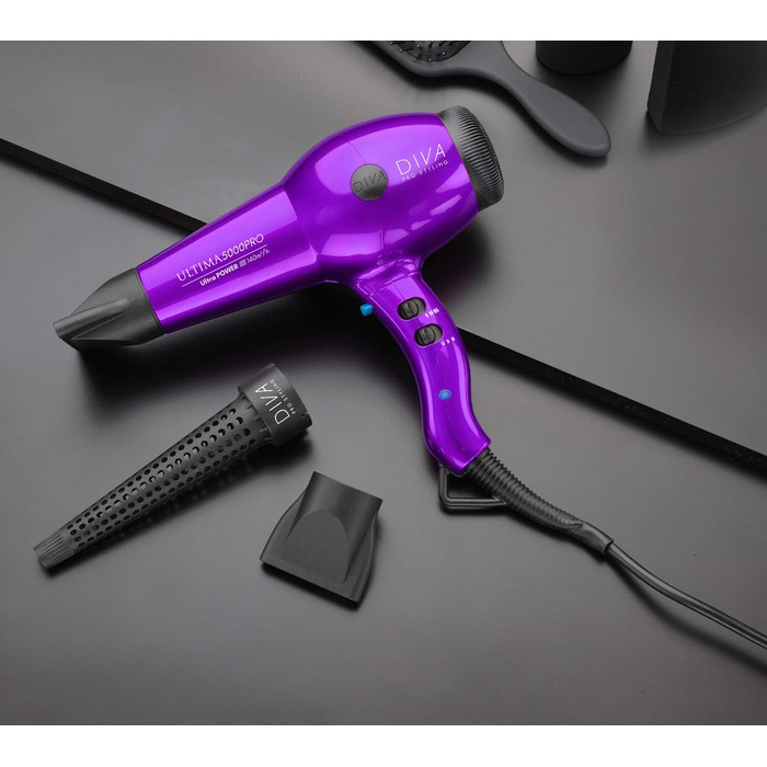 Фен для волосся DIVA Pro Styling Ultima 5000 Pro, 2200 Вт, 4 режими нагріву, 2 швидкості, функція холодного повітря, фіолетовий