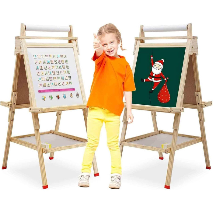 Дитячий двосторонній мольберт із рулоном паперу, whiteboard та грифельною дошкою, дерев'яний, регульований за висотою, бронзовий