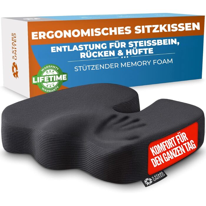 Подушка ортопедична для сидіння з піни Memory Foam 5 STARS UNITED: підтримка куприка, зняття болю в спині та при ішіасі, чорна