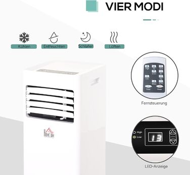Переносний кондиціонер HOMCOM 7000BTU, 3-в-1: охолодження, осушення, вентиляція, з пультом ДУ, таймером, для 10-15 м², білий