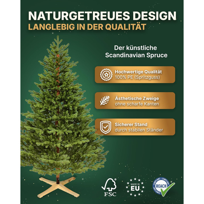Штучна ялинка TreesHouse Scandinavian Spruce 180 см, реалістична зелена хвоя, підставка з FSC-дерева