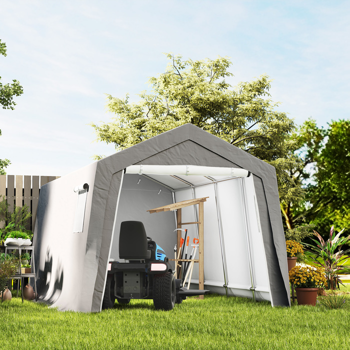 Outsunny Garden Shed з двосхилим дахом Водонепроникний садовий намет з дверима, вікнами, антипиловим покриттям для велосипеда, фольгований садовий сарай Велосипедний гараж для саду патіо, 300 x 447 x 255 см, світло-сірий