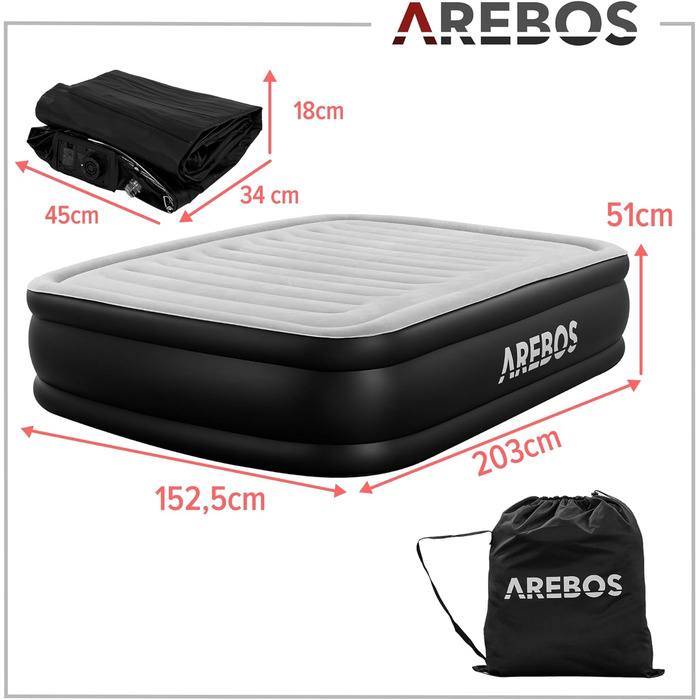 Надувний матрац Arebos 203x152,5x51 см для двох, з електричною помпою, гостьове ліжко, для кемпінгу та дому, сірий/антрацит, у комплекті сумка